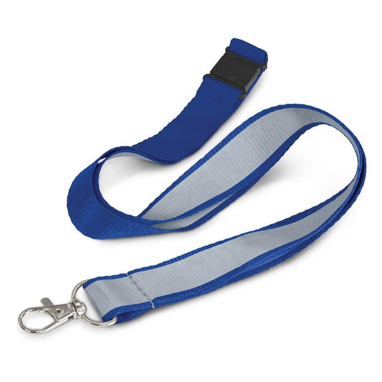 A blue reflector lanyard with a clip, featuring a contrasting inner colour and a buckle for adjustable length.