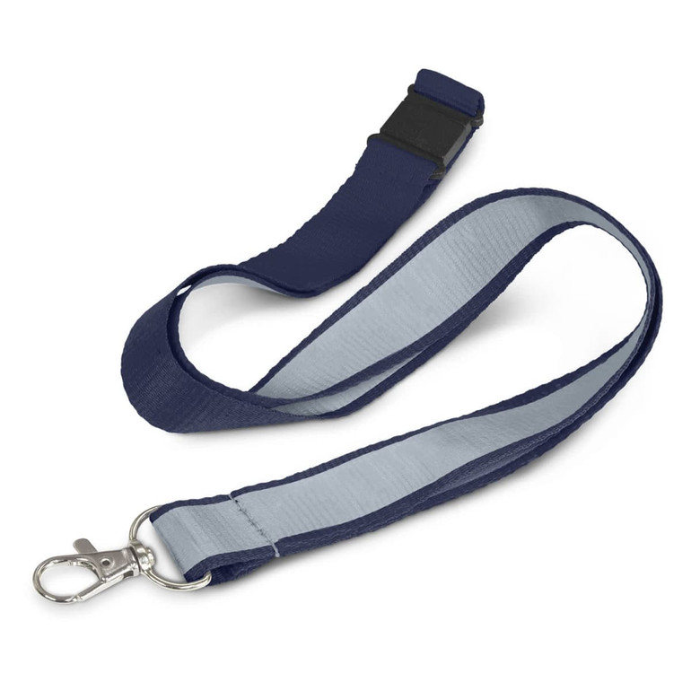 A navy blue lanyard with a reflective grey underside and a silver clip for attaching items. It includes a branding logo.