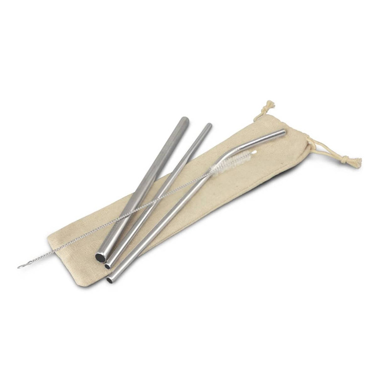 A stainless steel straw set in silver with a cleaning brush, presented in a natural fabric pouch.