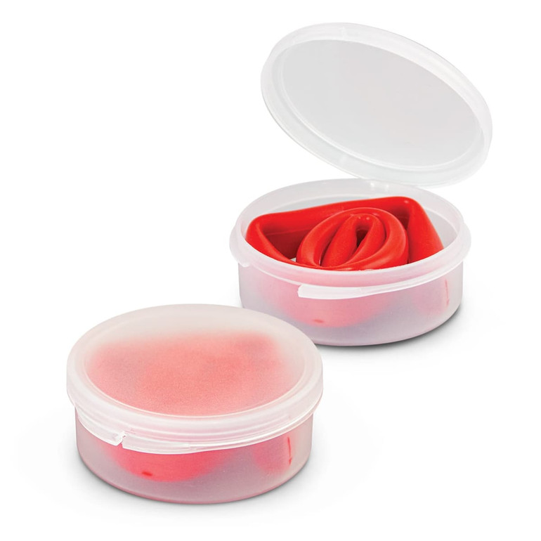 A silicone straw coiled inside a clear case, featuring a red colour, with the case partially open.