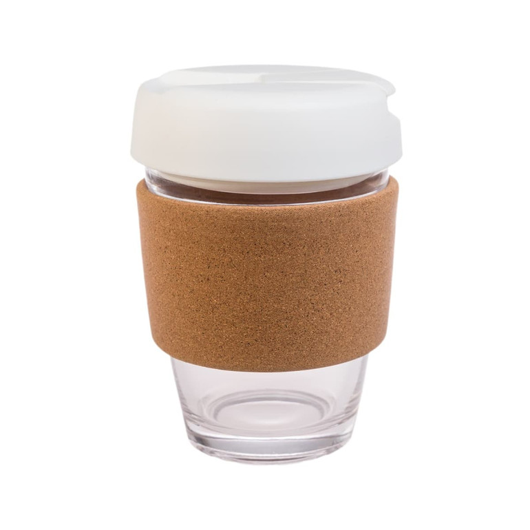 A reusable coffee cup featuring a cork band and a white lid, made of clear glass.