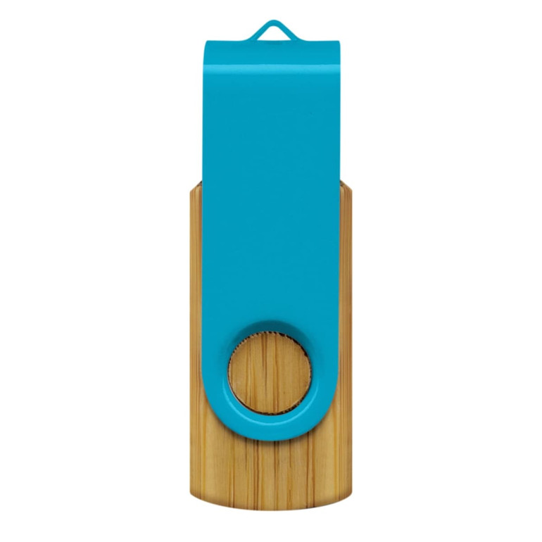 A turquoise and bamboo flash drive with a swivel design and a circular keyring attachment.