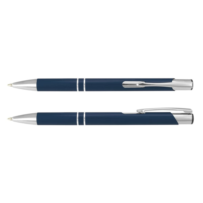 A navy blue metal pen with silver accents, featuring a logo and a sleek, professional design.