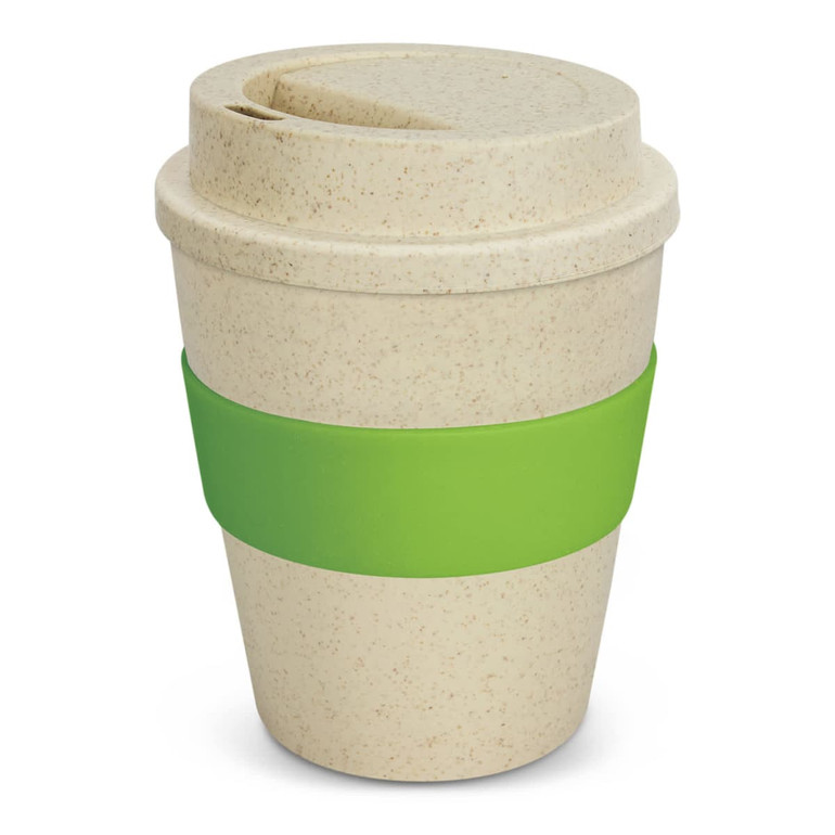 A drink bottle in a natural colour with a green silicone band and a lid opening for sipping. It has a branded logo.