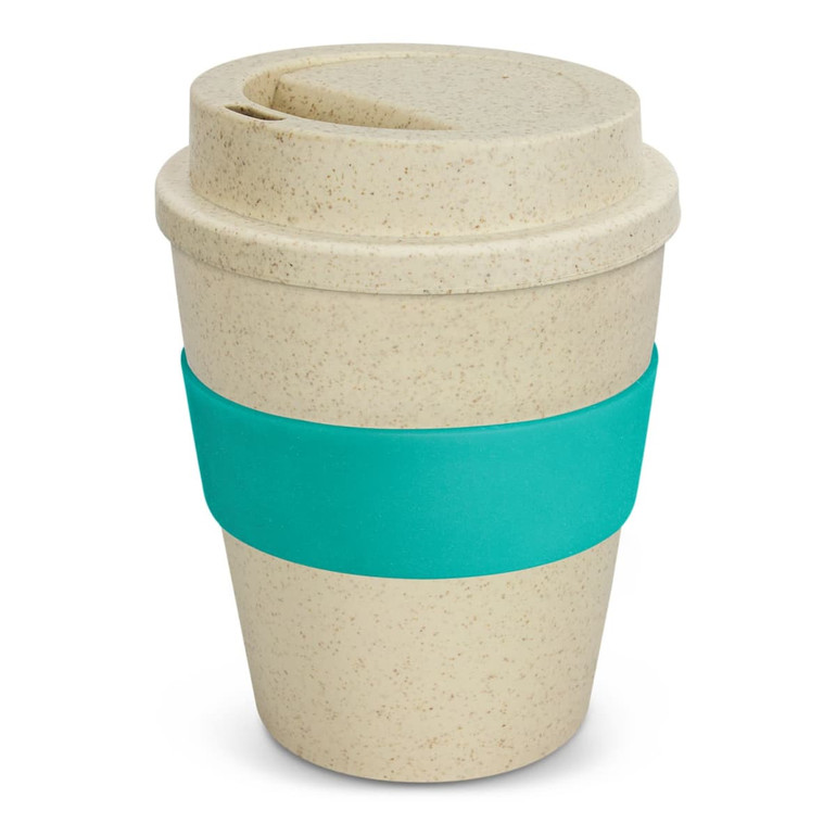A drink bottle with a natural coloured body and a teal silicone sleeve, featuring a lid and a straw opening.