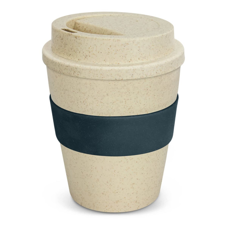 A drink bottle featuring a natural beige finish with a dark navy silicone sleeve and a lid. It has a logo.