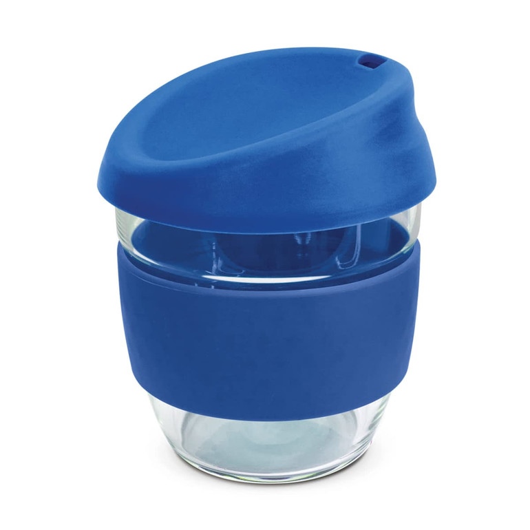 A drink bottle featuring clear borosilicate glass with a blue silicone lid and sleeve for grip.