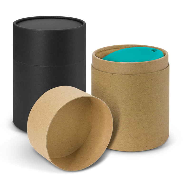 A set of cylindrical packaging containers in black and brown, with a teal lid visible on one. Features a logo.