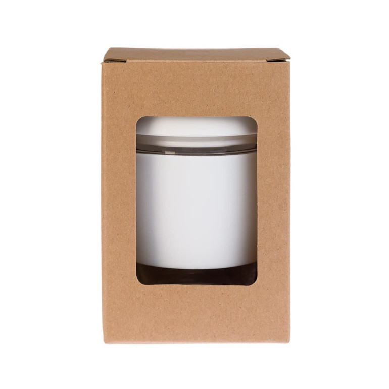 A reusable coffee cup with a flip lid is presented in a brown cardboard box, featuring a clear window for visibility.