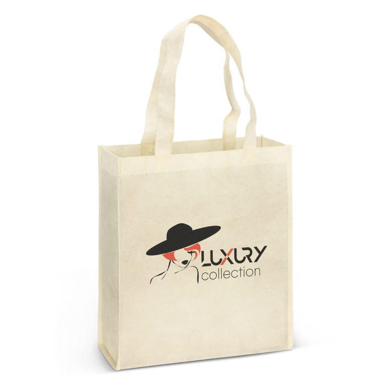 A natural look tote bag in a cream colour with a logo featuring a stylish design and black handles.
