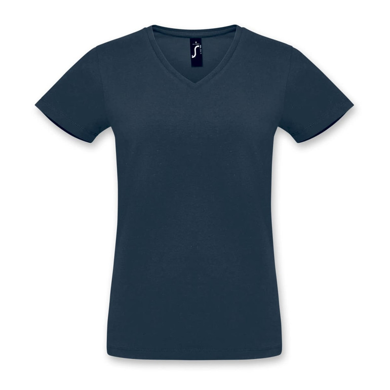 A navy blue women's V-neck T-shirt with short sleeves and a logo on the neck.