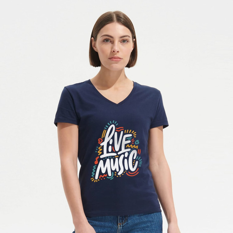 A navy women's V-neck T-shirt featuring a colourful graphic design with the text "Live Music." It has a logo.