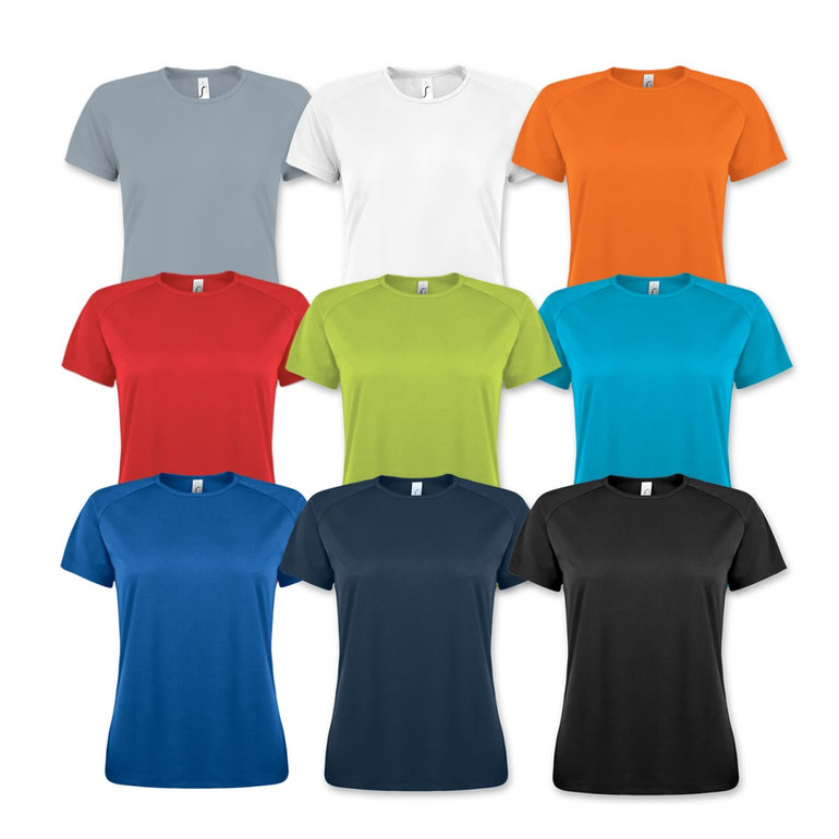 A collection of SOLS Sporty women's T-shirts in various colours: grey, white, orange, red, green, blue, cyan, navy, and black.