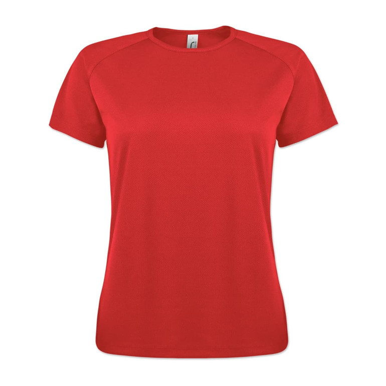 A red sporty women's T-shirt with short sleeves and a crew neck, featuring a logo on the front.