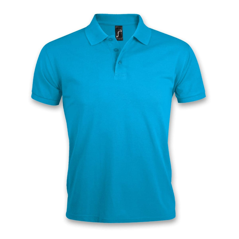 A turquoise men's polo shirt with a classic collar and three-button placket, featuring a logo on the label.