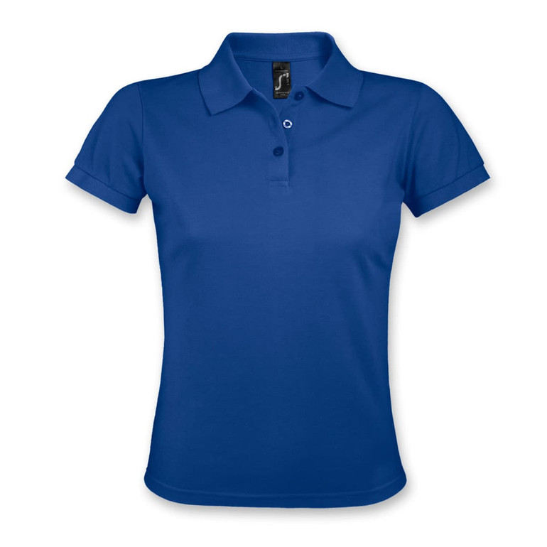 A women's polo shirt in a vibrant blue colour with a collar and short sleeves, featuring a logo.