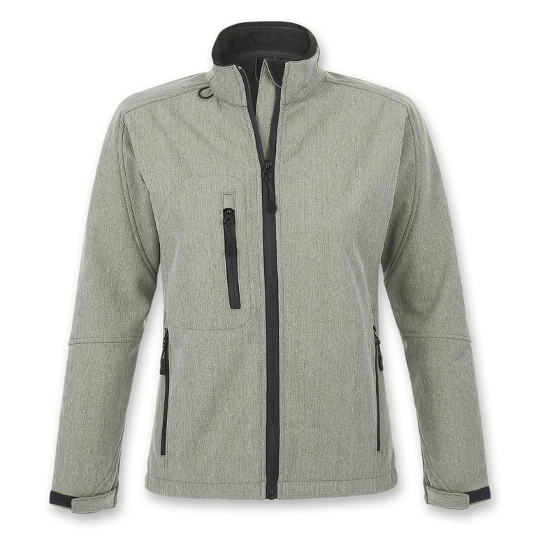 A green softshell jacket with a collar and multiple zippers, featuring black accents and a logo.