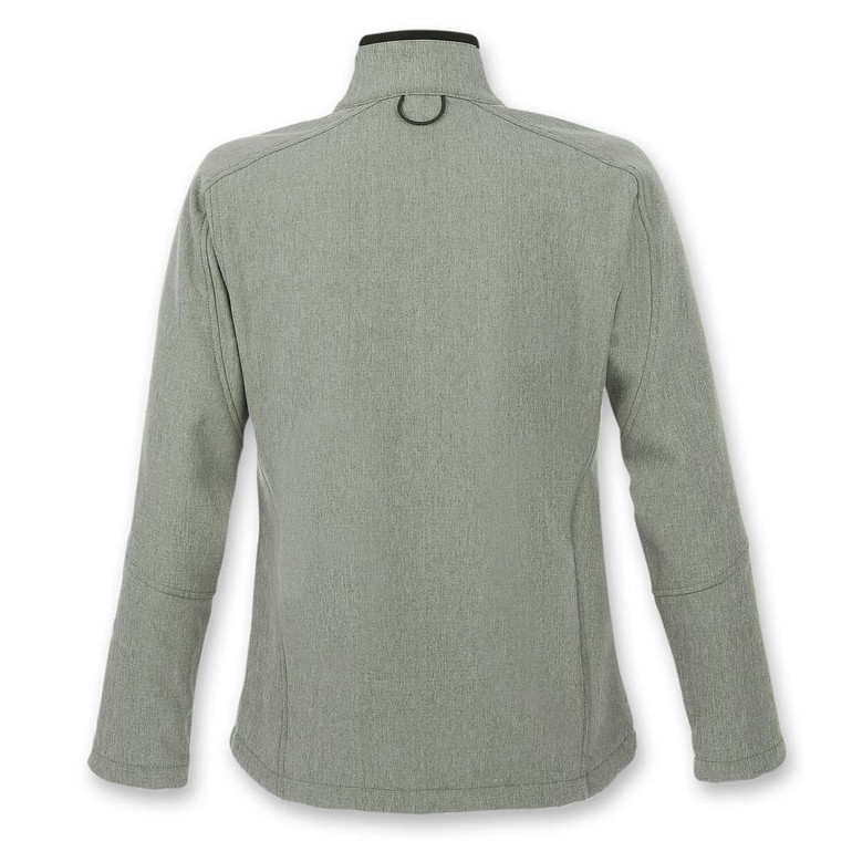 A women's softshell jacket in a muted green tone, featuring a high collar and a simple design, with a branding logo.