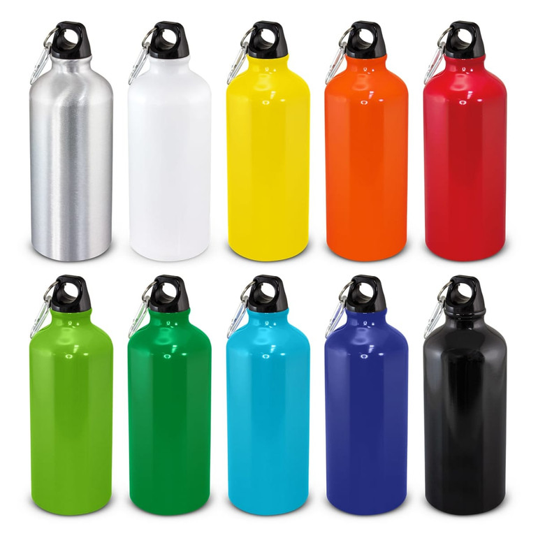 A drink bottle collection featuring silver, white, yellow, orange, red, green, teal, blue, and black options, each with a logo.