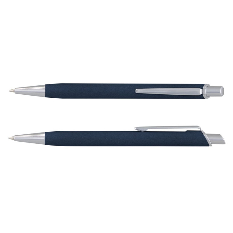 A metal pen in dark blue with a silver clip and tip, featuring a logo. A metal pen in dark blue with a silver clip and tip, featuring a logo.