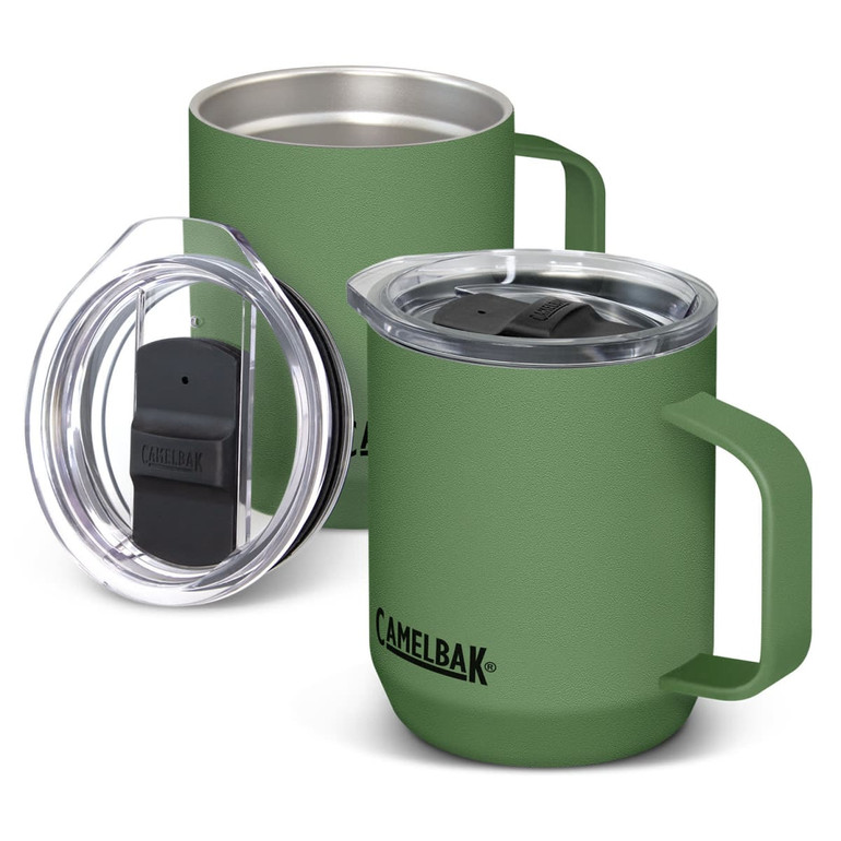 A green vacuum camp mug with a clear lid, featuring a handle and a logo, alongside a matching lid.
