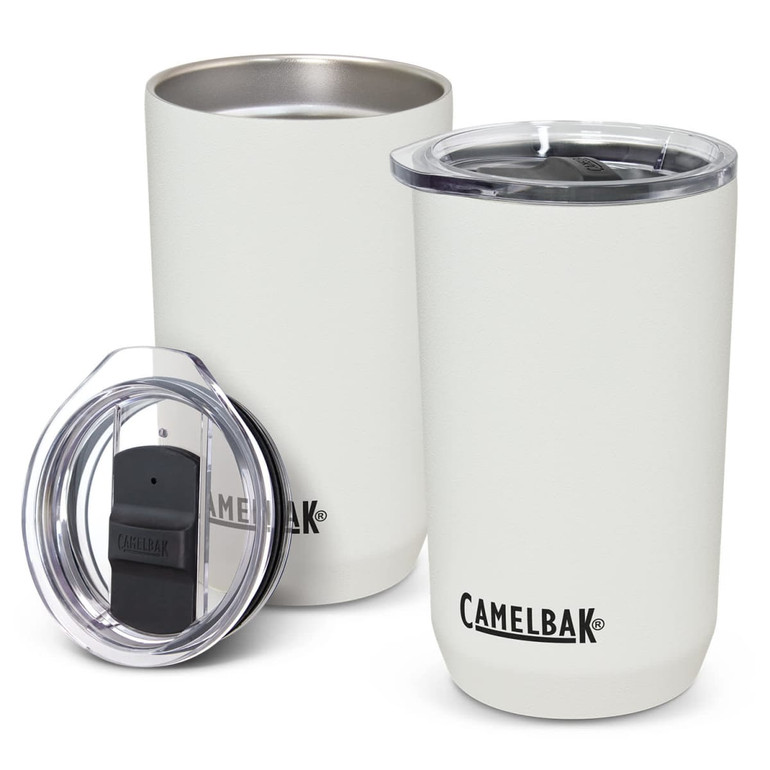 A drink bottle in a light cream colour with a clear lid, featuring a logo. Two sizes are displayed.