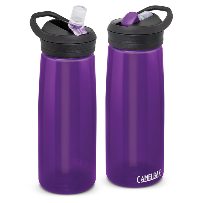 A drink bottle in purple with a black lid and straw, featuring a logo. Ideal for hydration on the go.