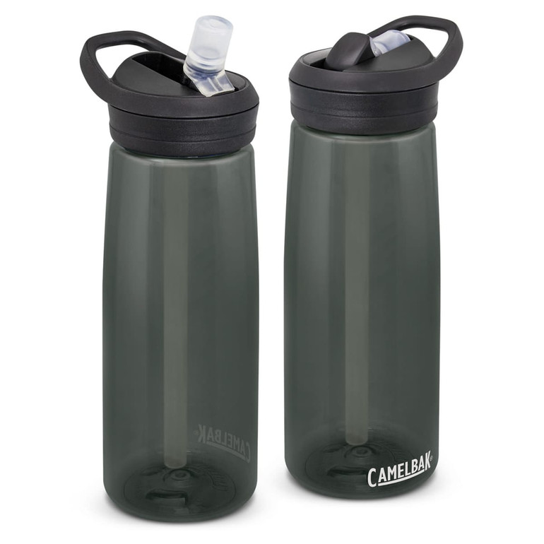 A drink bottle made of dark green plastic, featuring a black lid and a built-in straw. It has a logo on one side.