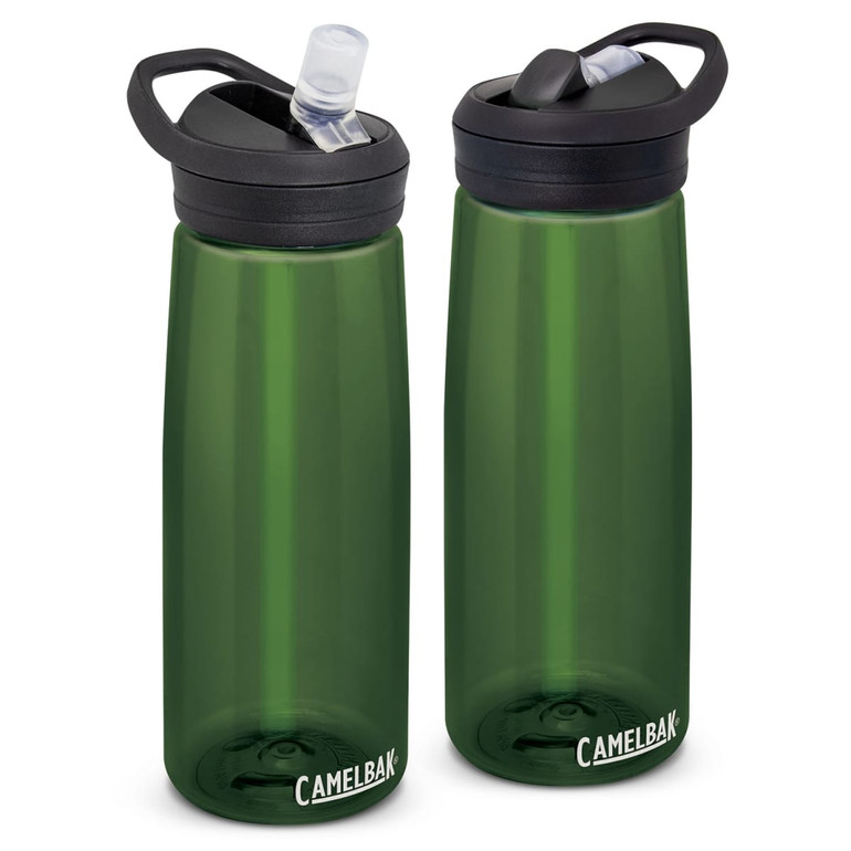 A drink bottle with a black lid and spout, featuring a dark green body and a logo on the front.