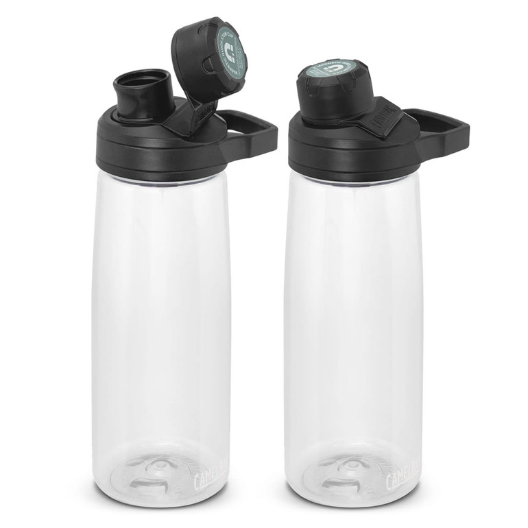 A drink bottle with a clear body and black lid, featuring a flip-top and straw opening, and a logo on the lid.