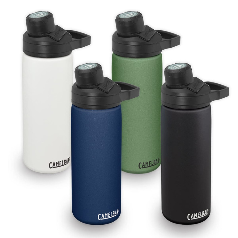 A drink bottle set featuring four colours: white, green, navy, and black. Each has a lid and a logo.