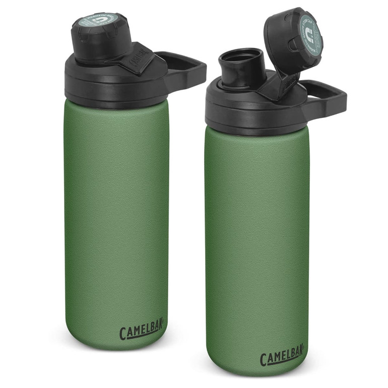 A drink bottle in green with a black lid, featuring a logo and two different views of the design.