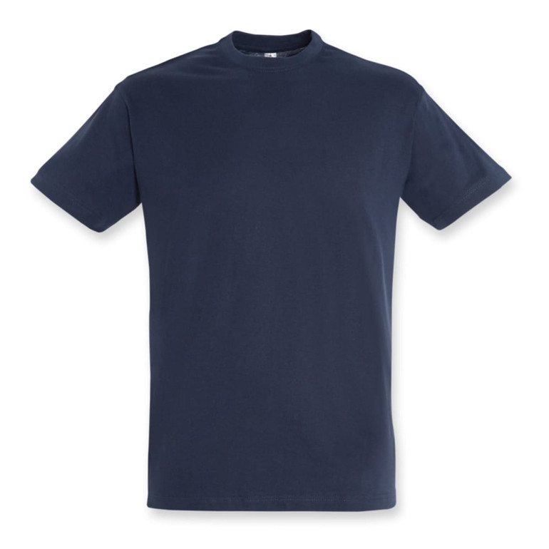 A navy blue adult T-shirt with a round neckline and short sleeves, featuring a logo.