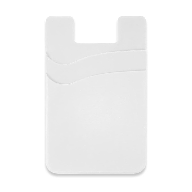 A white dual silicone phone wallet with curved design elements and a logo. Suitable for holding cards.
