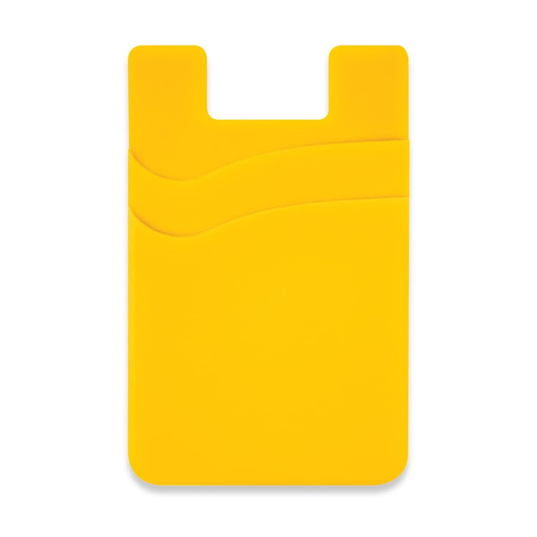 A bright yellow dual silicone phone wallet with two slots for cards, features a subtle wave design.