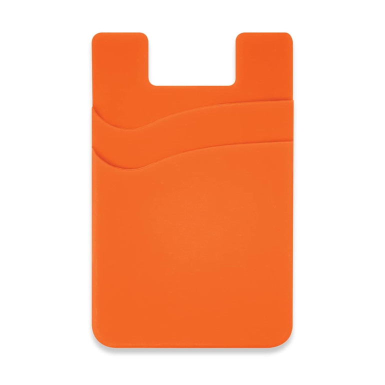 An orange dual silicone phone wallet with a wavy design and a logo, designed for holding cards or cash.