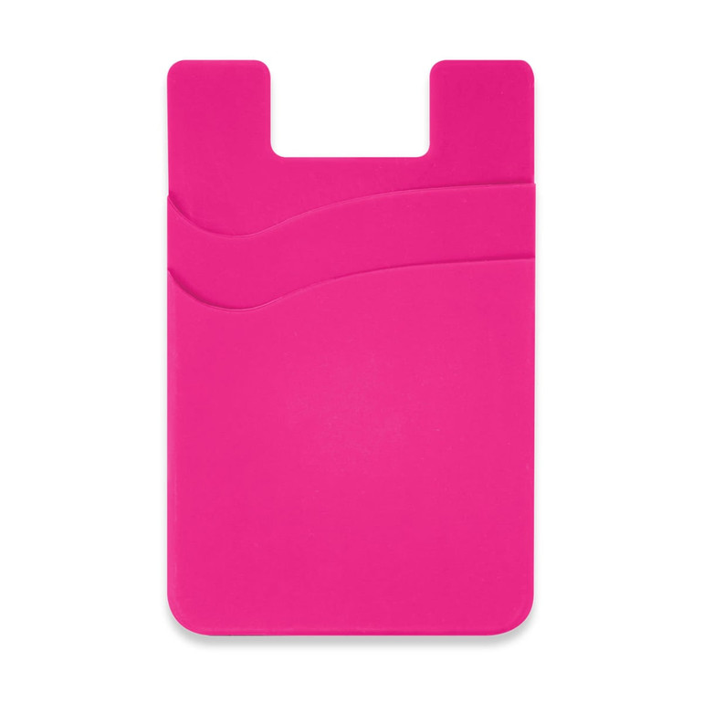 A pink dual silicone phone wallet features two pockets and a smooth design. It includes a branding logo.