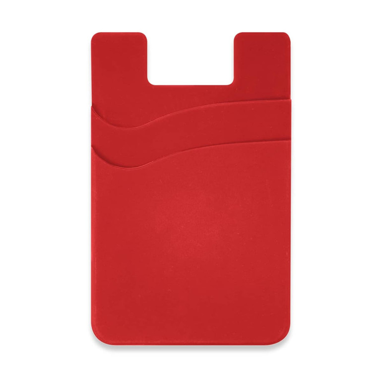 A red dual silicone phone wallet featuring two pockets and a smooth surface. It has a logo on the back.