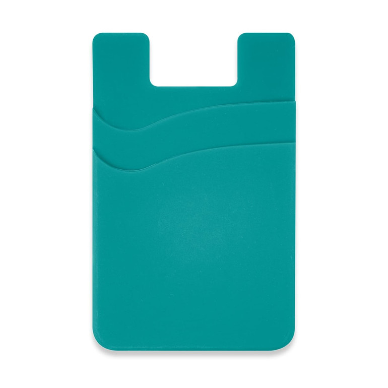 A teal dual silicone phone wallet featuring a wavy design and a logo.