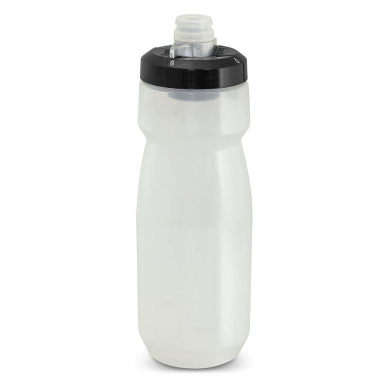 A drink bottle with a translucent white body and black lid, featuring a sports spout and a logo.