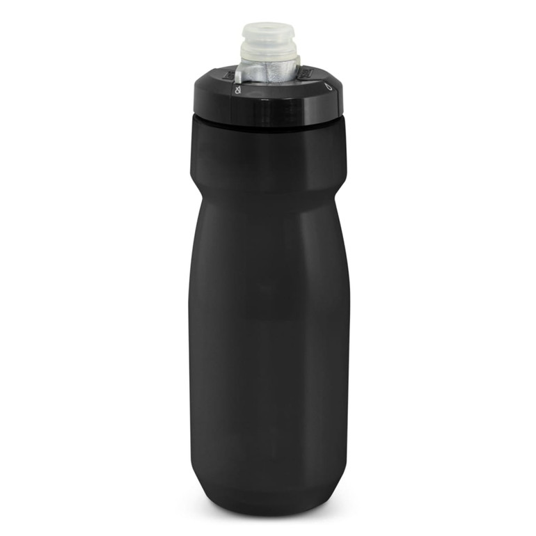 A drink bottle in matte black with a secure lid and a spout, featuring a logo on the design.