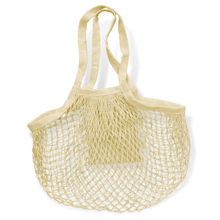 A light yellow cotton mesh tote bag features two shoulder straps and a spacious, open design. It has a logo.