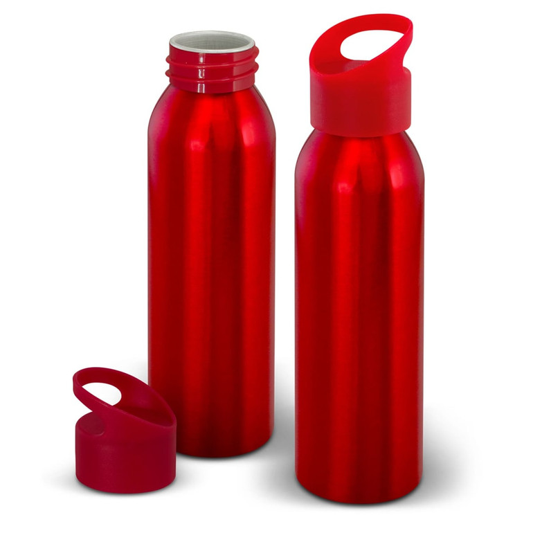 A drink bottle set in shiny red aluminium featuring a screw-top lid and a removable cap.