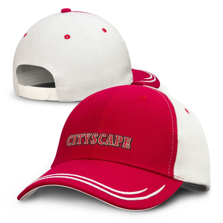A red and white cap featuring a curved brim and a logo on the front. The back has an adjustable strap.