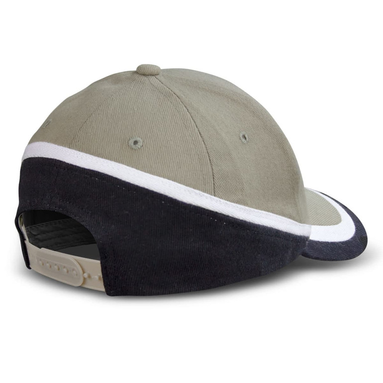 A green and black cap featuring a white stripe and an adjustable back. It has a logo on the side.