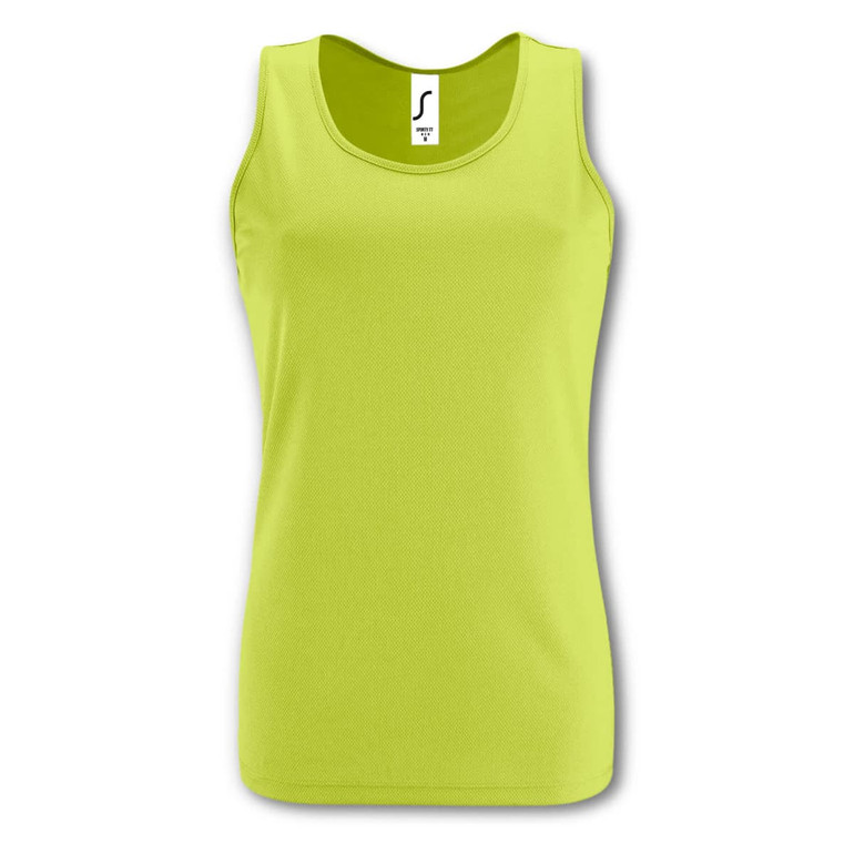 A vibrant lime green women's tank top featuring a logo and a sleeveless design.