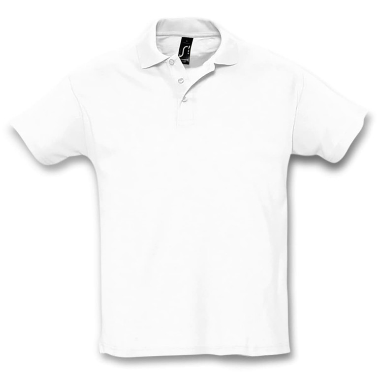 A white polo shirt with a collar, short sleeves, and a brand logo on the chest.