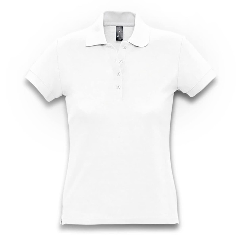 A white women's polo shirt with a collar, short sleeves, and a buttoned placket, featuring a logo on the chest.