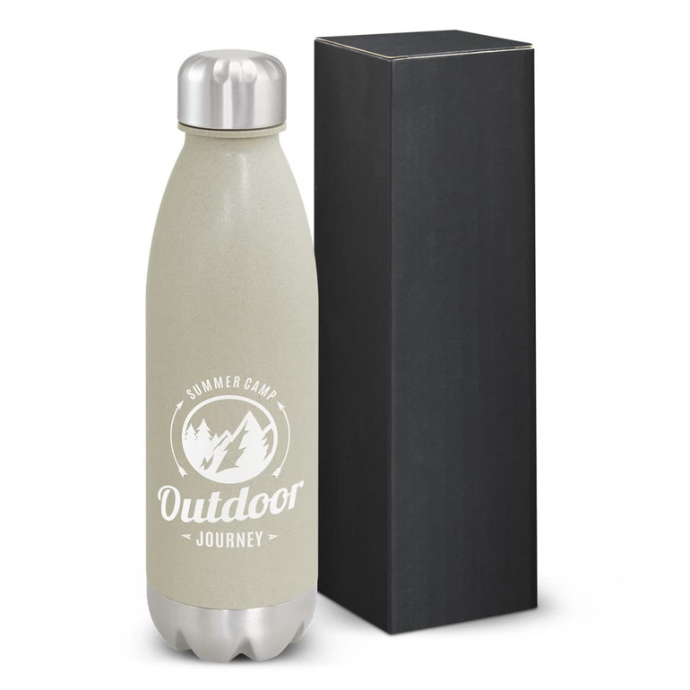 A drink bottle in a natural beige colour with a stainless steel lid, packaged in a black box. It features a logo.