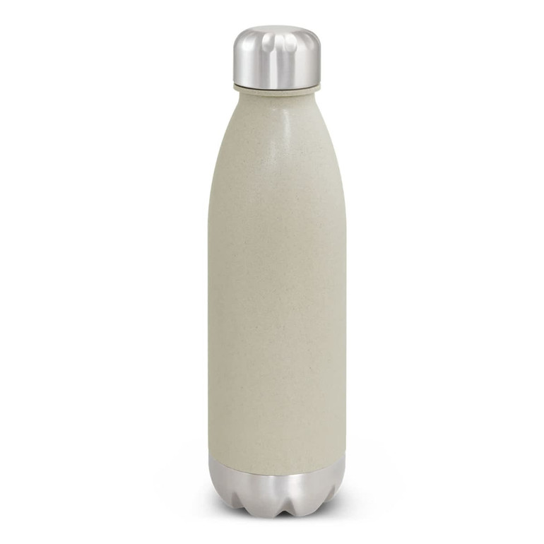 A drink bottle in a natural beige colour with a metallic silver cap and base, featuring a logo.